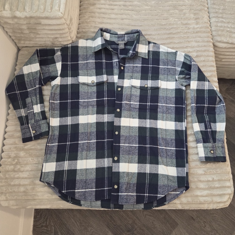 Natural Reflections Flannel Shirt Mens Medium M Green Navy Blue Plaid Button Up